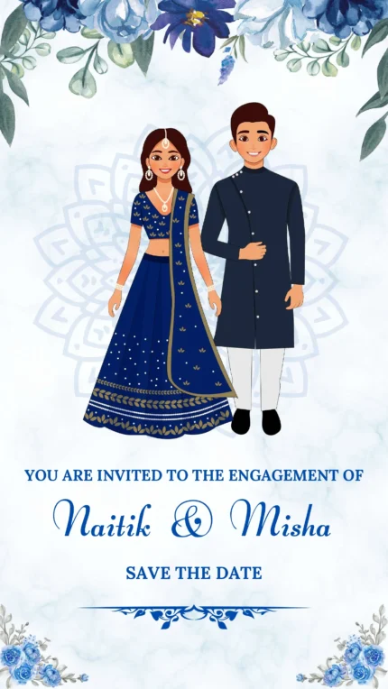 Engagement ceremony invitation card or invitation video in english language with flowers, leaves & traditional couple 200015