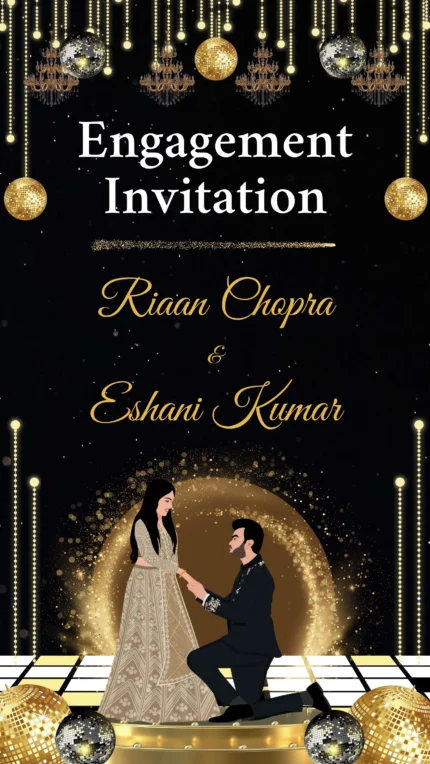 Engagement ceremony invitation card or invitation video in english language with balls & stylish couple 200050
