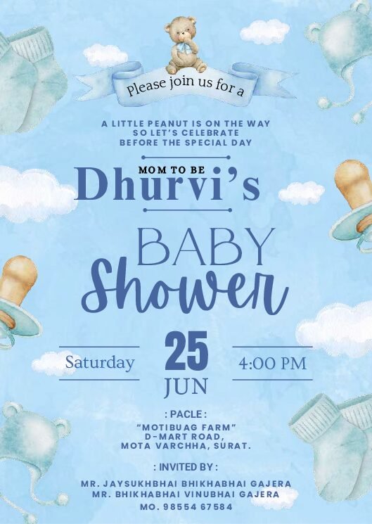 Baby Shower ceremony invitation card in english language with cloud and teddy bear 10003