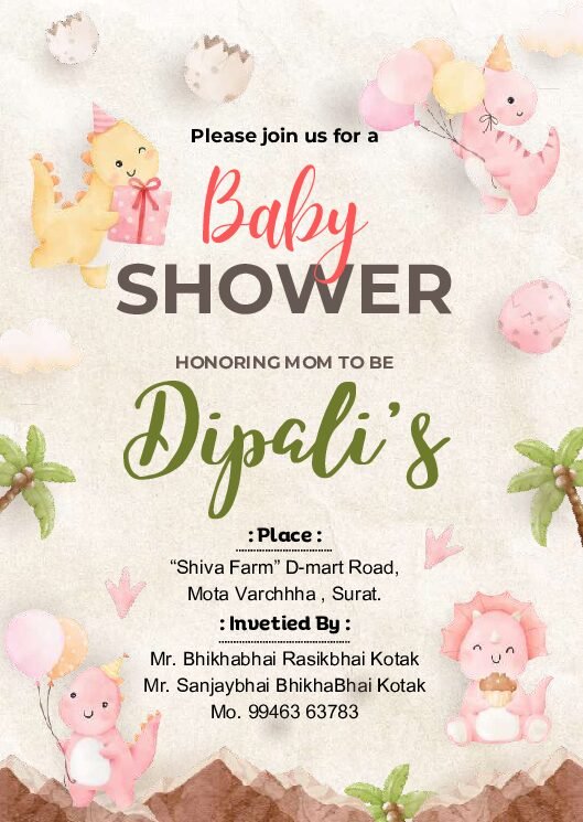 Baby Shower ceremony invitation card in english language with mount, coconut tree, gift & ballon as playful theme 10005