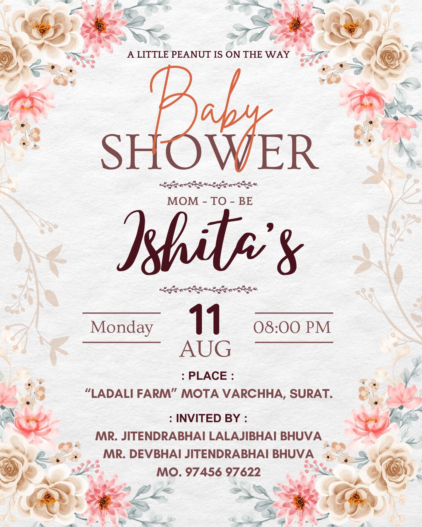 Baby Shower ceremony invitation card in english language with flowers as floral theme design 10009