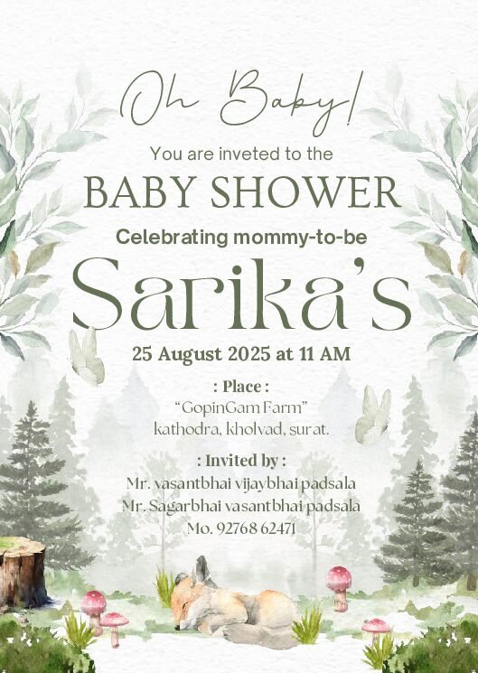 Baby Shower ceremony invitation card in english language with sleeping baby animal & trees 10011