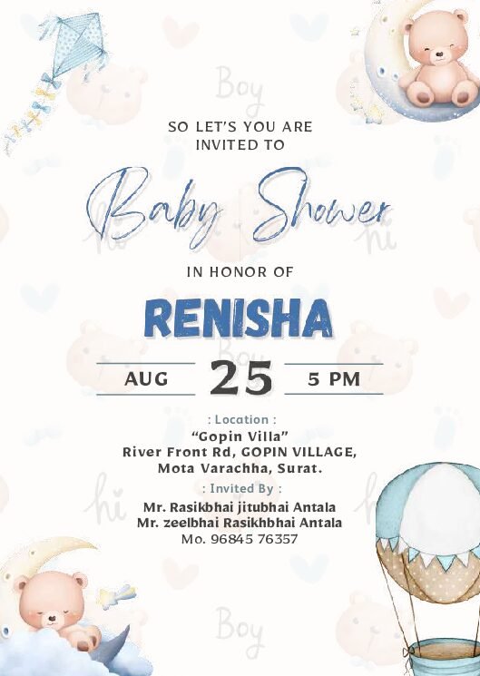 Baby Shower ceremony invitation card in english language with moon, kite, teddy bear & air ballon 10018