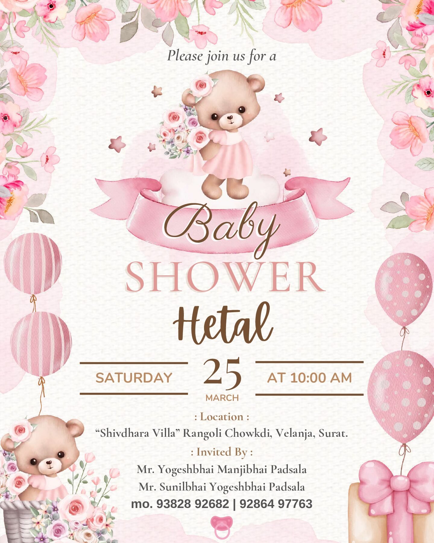 Baby Shower ceremony invitation card in english language with teddy bear, gift, ballons & flower as floral theme design 10032