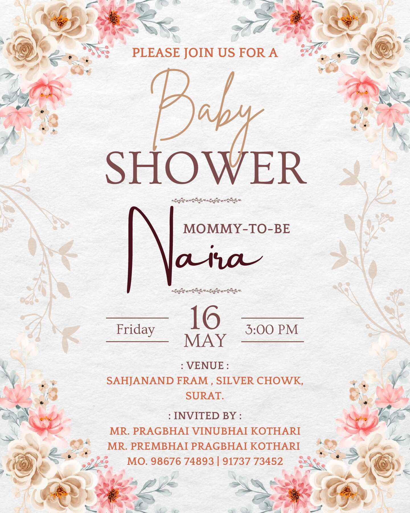 Baby Shower ceremony invitation card in english language with flower as floral theme design 10038