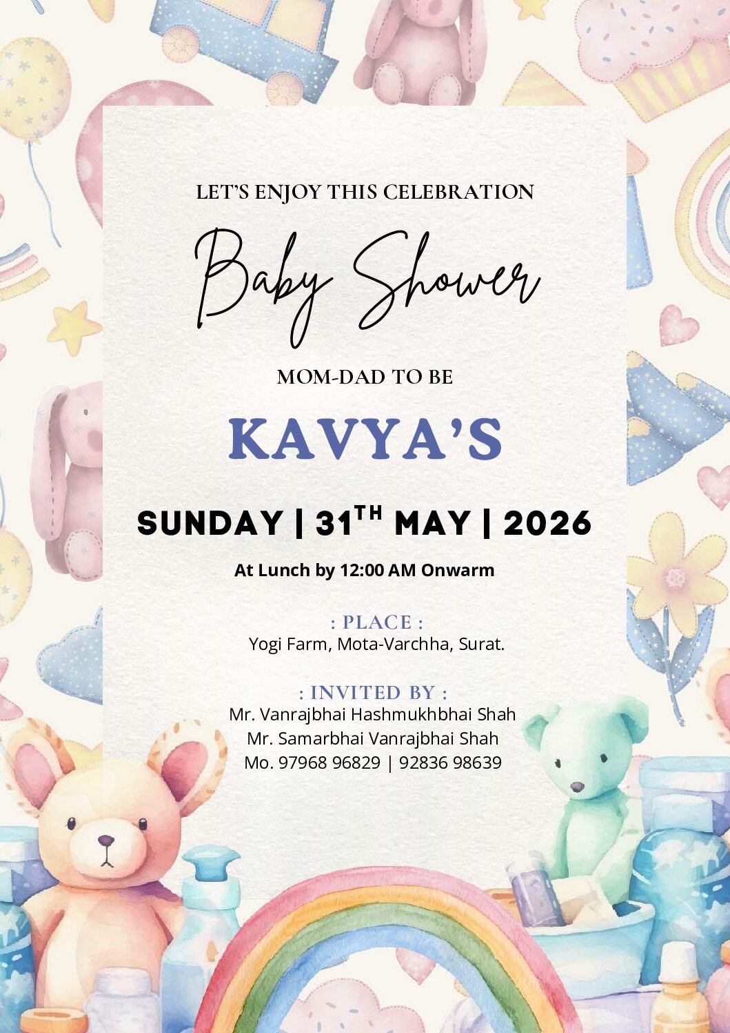 Baby Shower ceremony invitation card in english language with rainbow, baby toys, ballons & bottles 10040