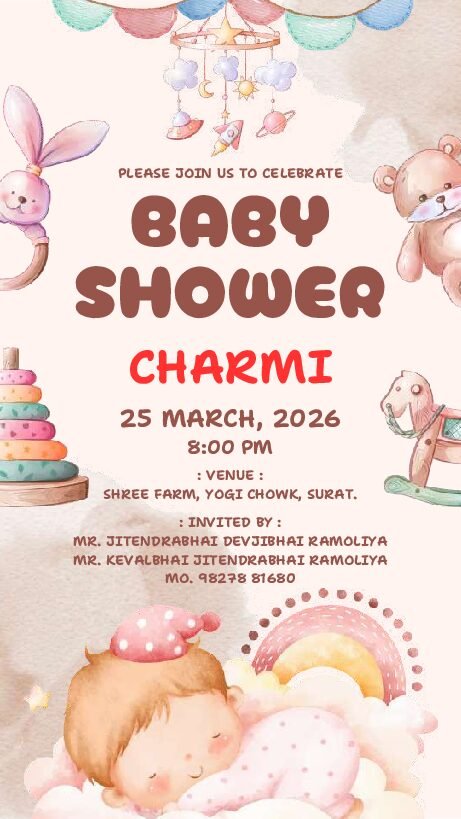 Baby Shower ceremony invitation card or invitation video in english language with baby toys, cloud & baby doodle 10042