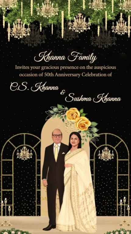 Anniversary invitation card in english language with grand chandeliers, glowing candles & flowers 150005